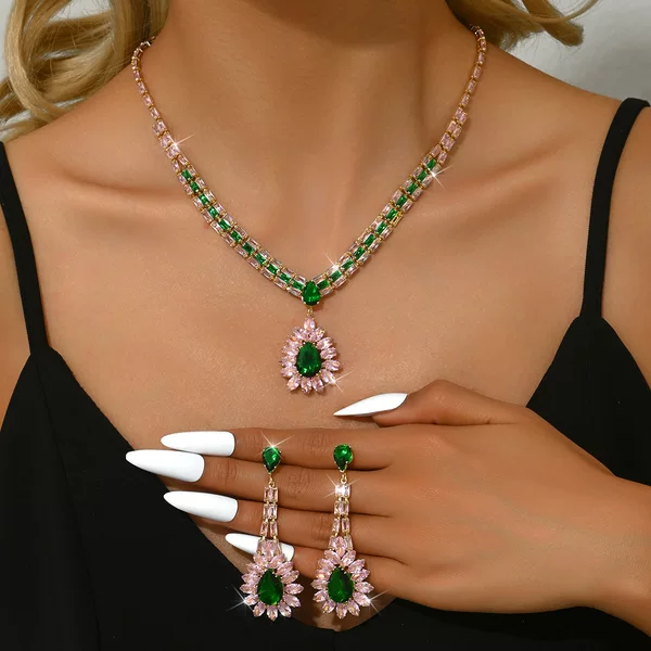 European and American High-set Luxury Pink Green Zircon Chain Set Banquet Dress Accessories Full Diamond Necklace Earrings suit