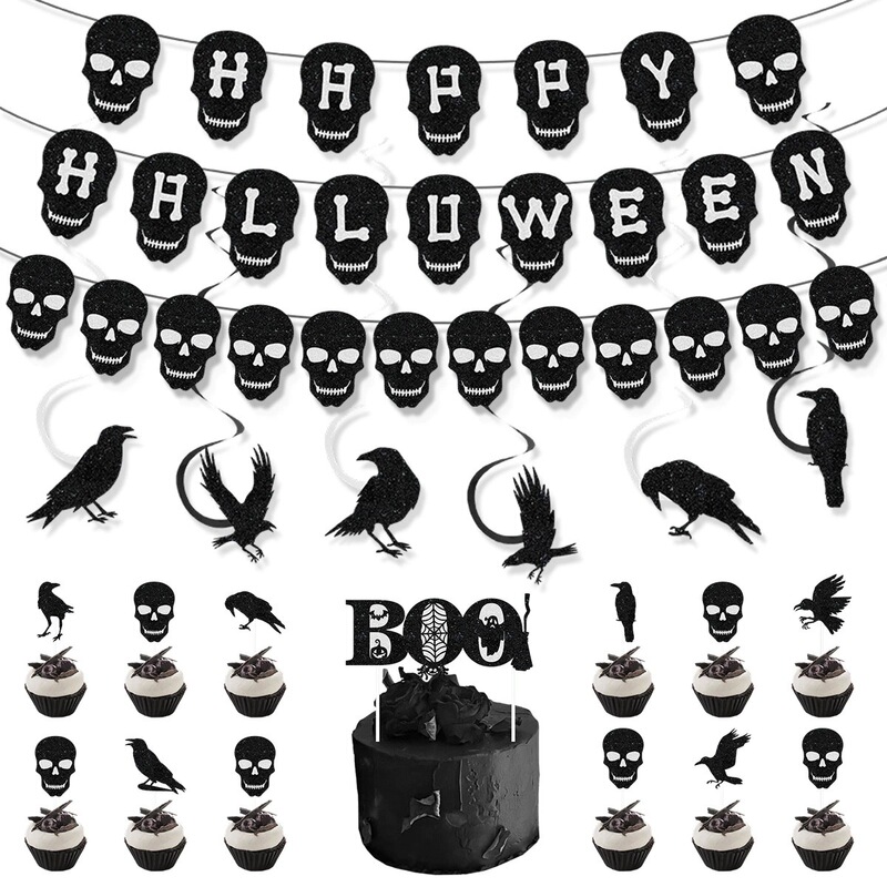 Cross-Border Paper Halloween Skull Flag Black Crow Spiral Hanging Decoration Cake Insert Set Custom Wholesale Cross-Border Paper Halloween Skull Flag Black Crow Spiral Hanging Decoration Cake Insert Set Custom Wholesale