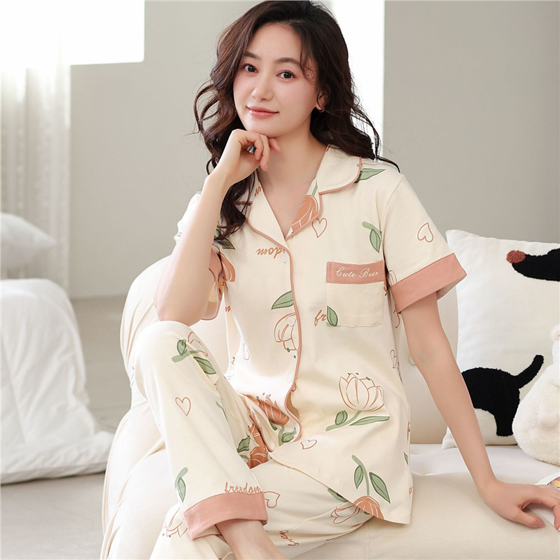 Pajamas de algodón de dos caras para mujeres de verano coreanas pantalones de manga corta, cardigan grande, ropa para el hogar juvenil