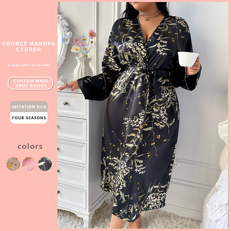 European and American Style Spring and Summer Cross-Border Large Size Bathrobe, Feminine Printed Imitation Silk Nightgown, Ice Silk Home Clothes
