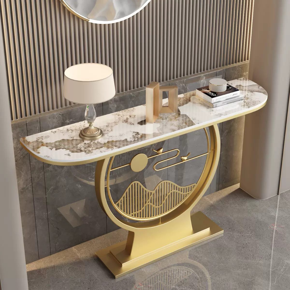 意式岩板创意玄关台入户轻奢玄关桌极简风格玄关柜靠墙半圆端景台