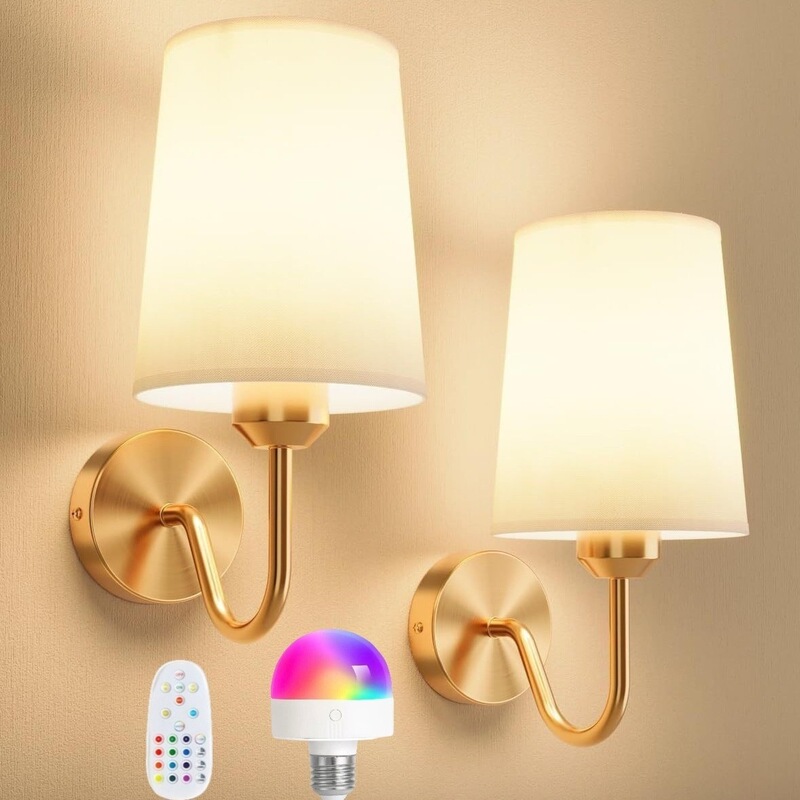 American-Style Fabric-Covered Wall Lamp, No-Wiring Curved Tube Wall Light, Battery-Powered Bedroom Bedside Lamp, Living Room Decoration, Cordless