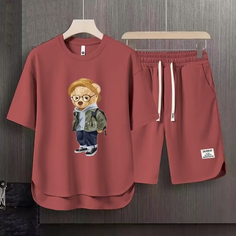 Men's Clothing 2024 Waffle Casual Summer Suit Men's Loose Teen Short sleeved T shirt Shorts Handsome Two piece Suit_desvips.com
