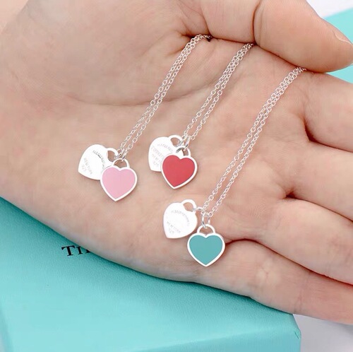 Bibijia T Family Love Necklace for Women, 925 Pure Silver Red Heart Oil Enamel Blue Clasp Chain with Double Heart Pendant