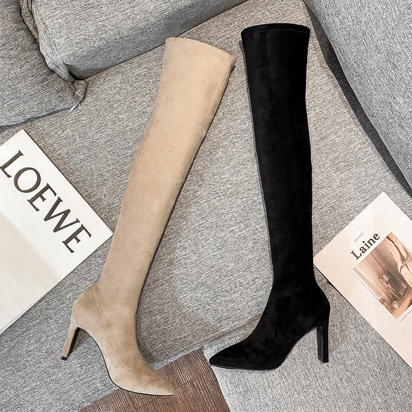 Demi-season solid color elastic high boots pointed-toe
