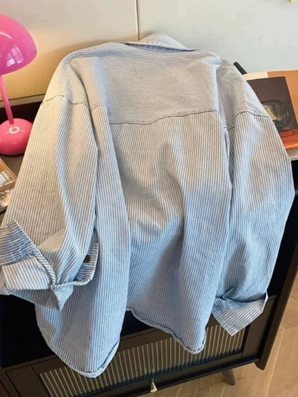 蓝色条纹长袖衬衫女春季上衣2025新款宽松设计感复古撞色外套衬衣|undefined