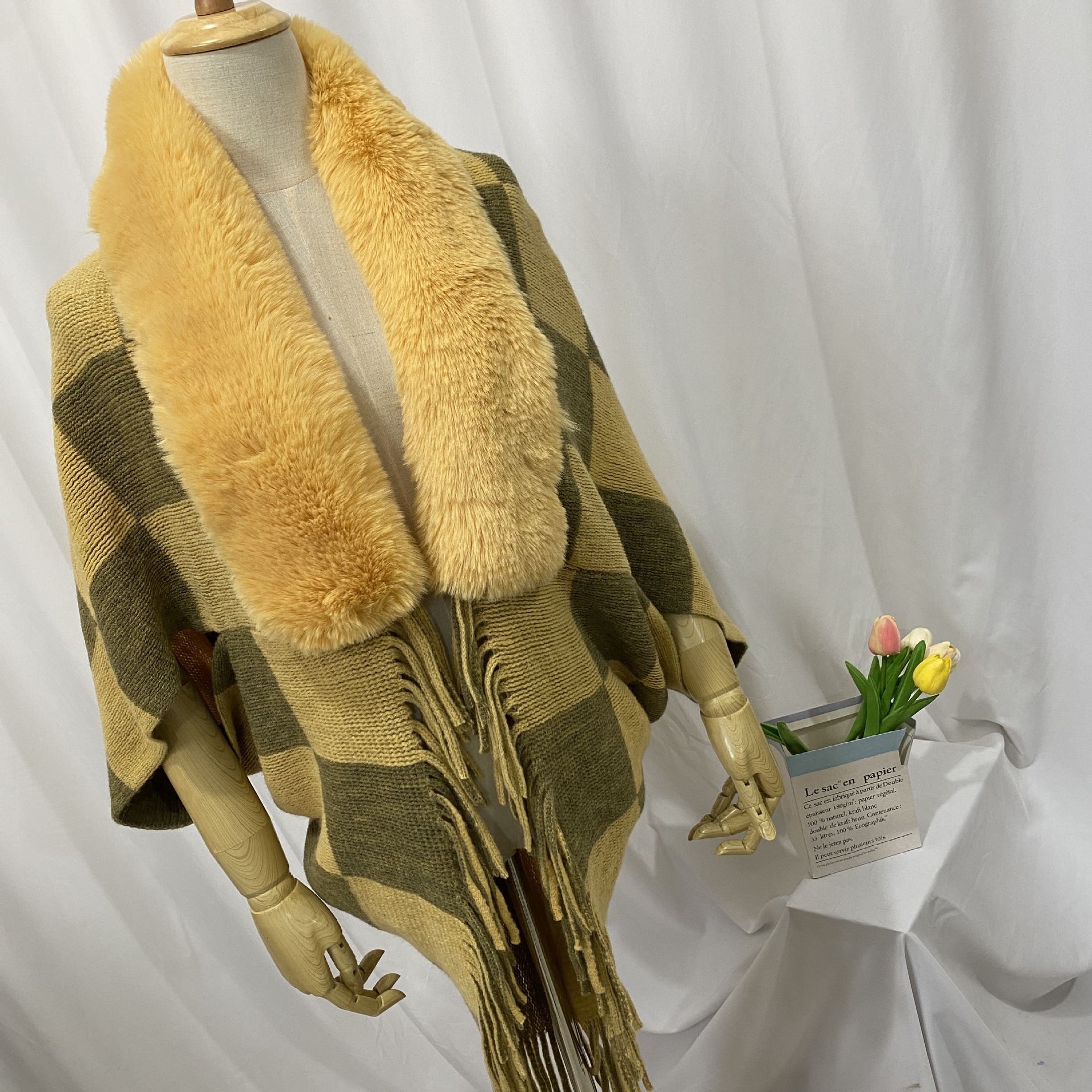 (2개) 2023 대외 무역 새로운 스타일 대형 격자 무늬 외부 니트 숄 따뜻한 술 두꺼운 대형 모피 칼라 니트 가디건