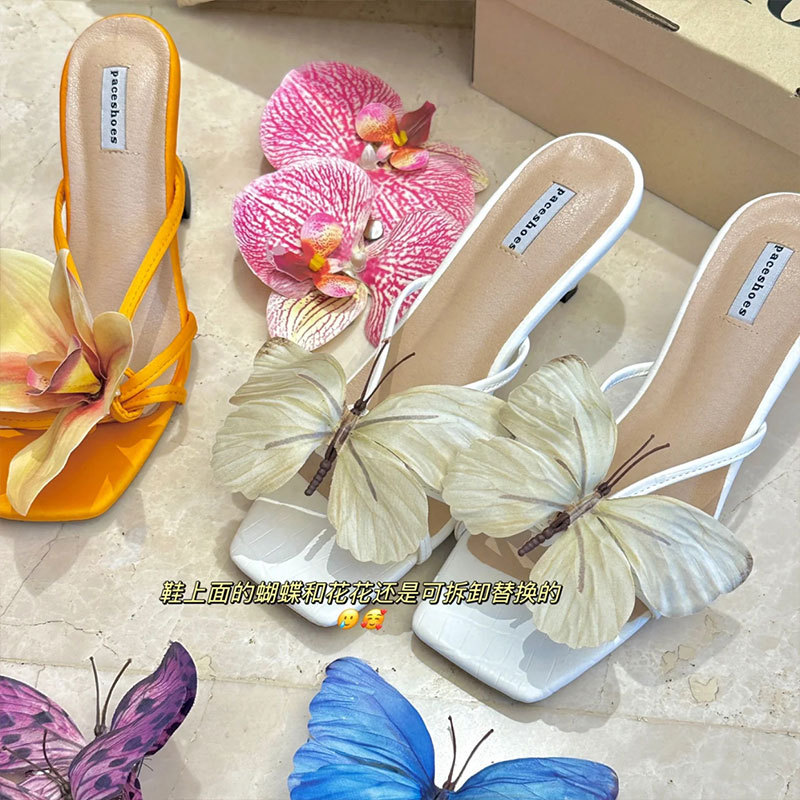 Zapatos de flores de mariposa, sandalias de flores, adornos, diseño de nicho femenino, ambiente de rodaje de viajes junto al mar, hebilla de zapatos de bricolaje