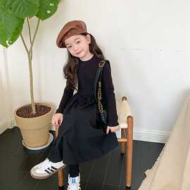 女童韩版纯色修身公主裙春秋季2026新款中大童洋气拼接长袖连衣裙