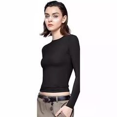 クロスボーダーアマゾン秋長袖トップホットガールアウターウェアTシャツレディースプルオーバーラウンドネックボトリングシャツレディース痩身