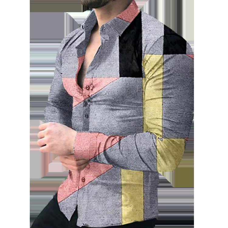 Comercio exterior 2023 primavera nuevos hombres gradiente de impresión digital solapa camisa de manga larga camisa casual de los hombres