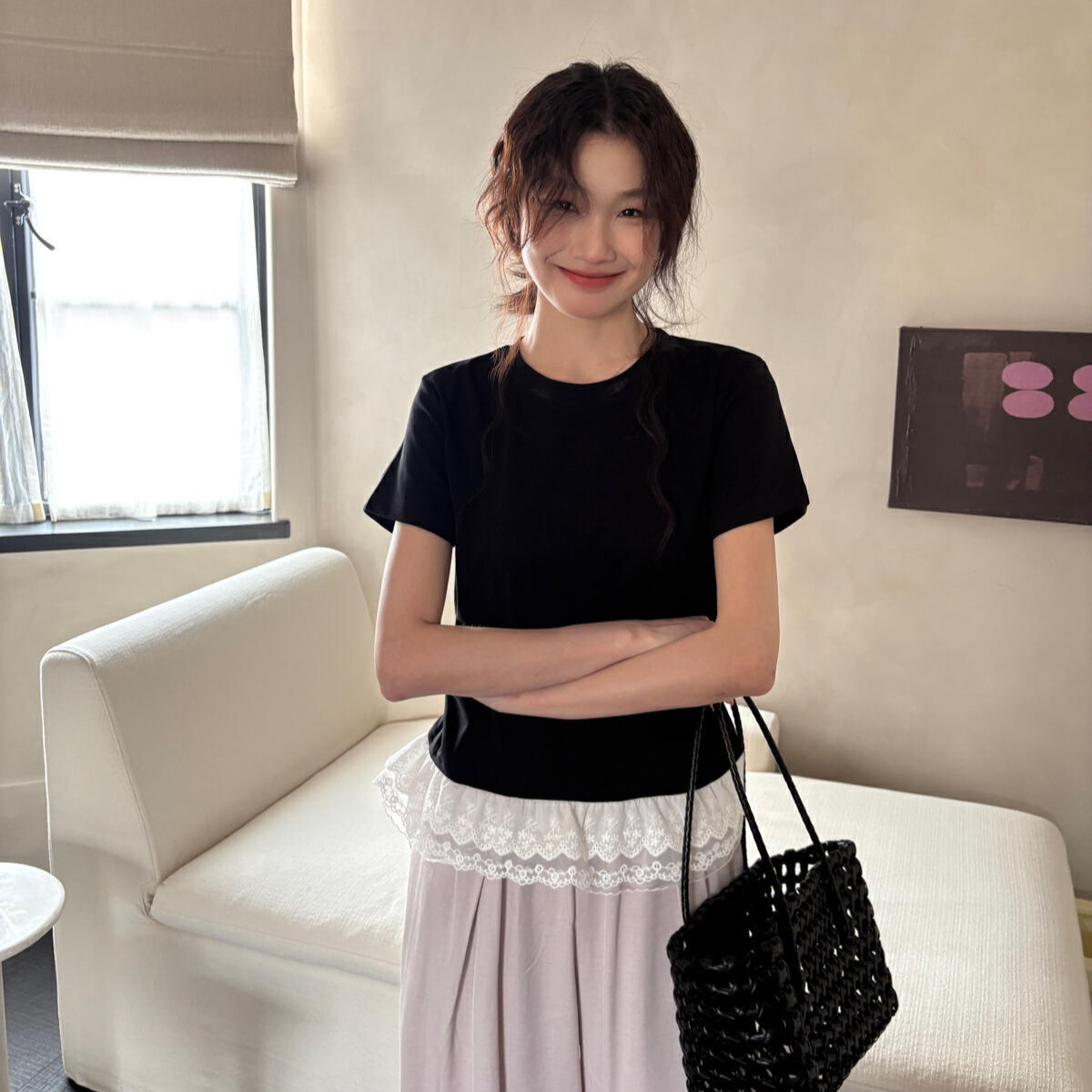 KITTIN estándar coreano! Camiseta de manga corta delgada elástica con costuras de encaje dulce coreano para mujer verano C3230 image 5