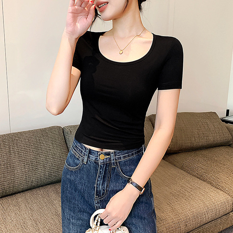Round Neck Black Modal Short-Sleeved T-Shirt for Women 2025 New Style Versatile Slimming Look Bottoming Crop Top