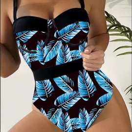 女式欧美跨境连体泳衣保守平角印花性感背后交叉比基尼套装亚马逊