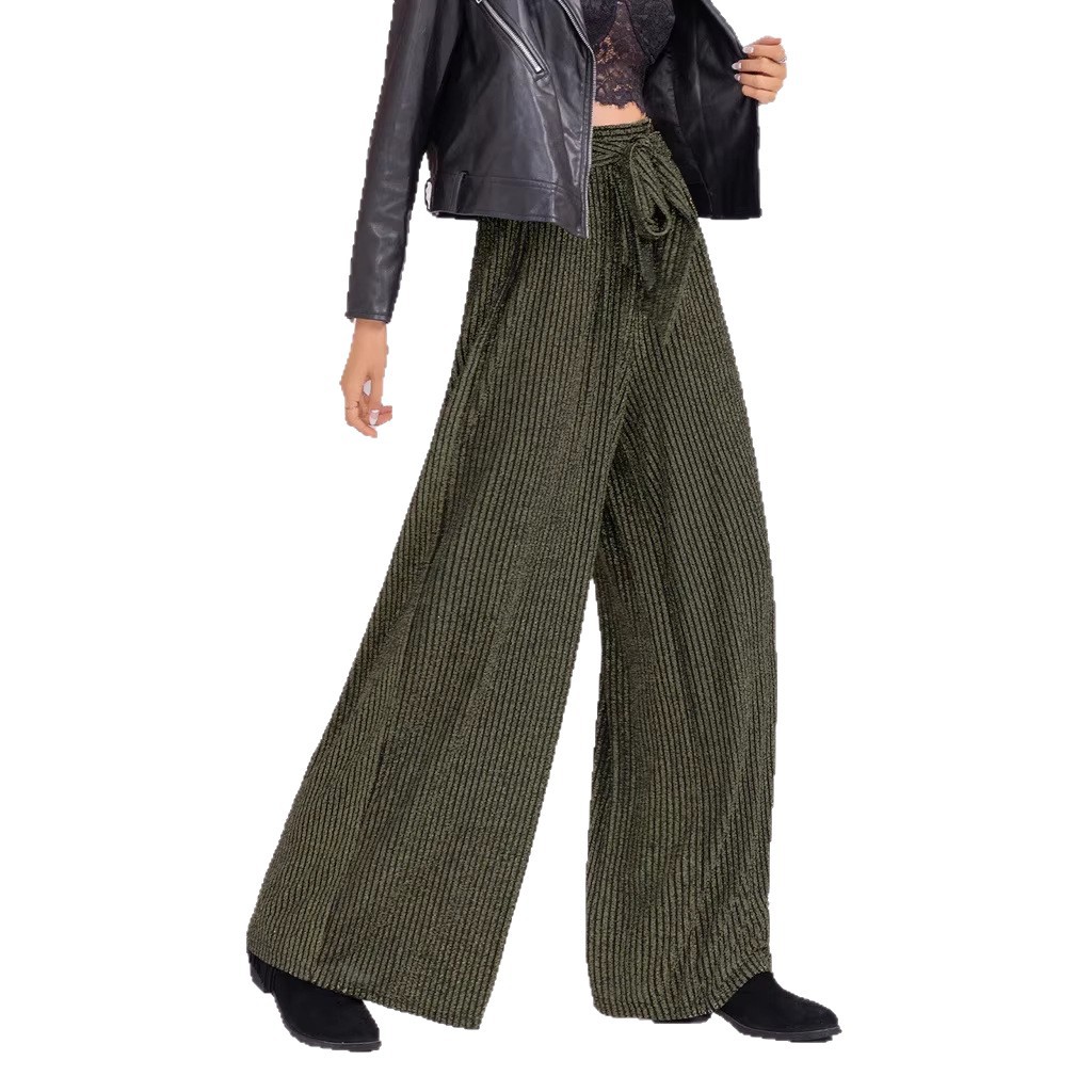 Women's Casual Trousers In Military Green, Relaxed Fit Pull-On Pants With Stylish Asymmetrical Detail_ecoleips.com