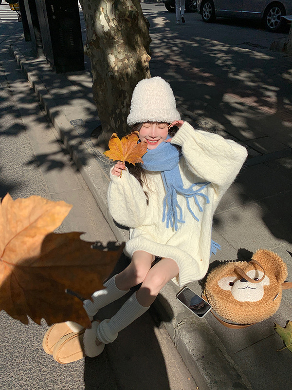 陈大钰慵懒奶fufu白色麻花毛衣女秋冬中长款宽松软糯外穿针织上衣|undefined