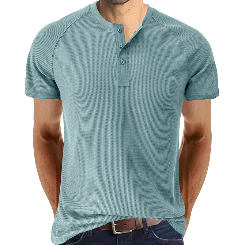 2023 sommar European and American Henley Shirt Herr Kortärmad T-shirt Bekväm ventilerande våffelstickad T-shirt_voghion.com