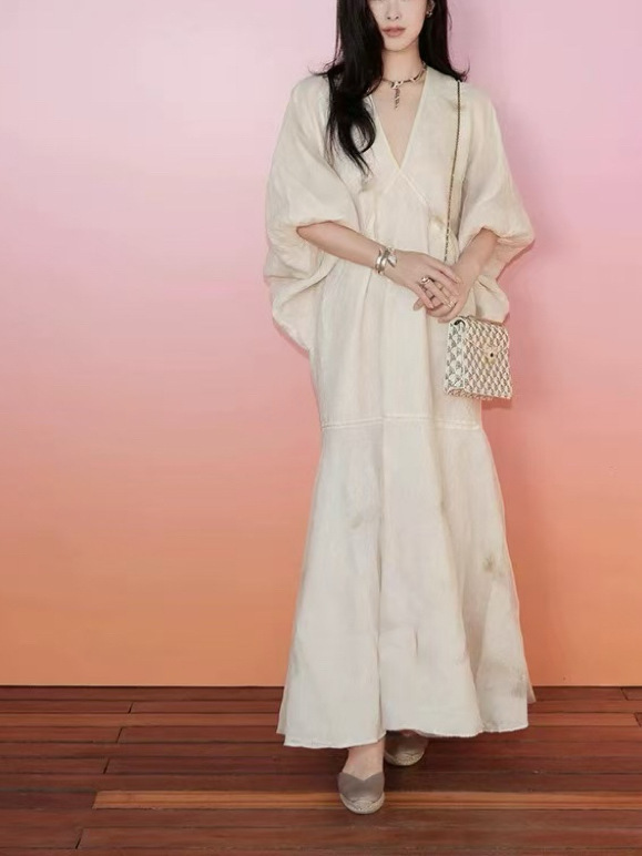 レトロなハイエンドの新しい中国風の V ネック夏怠惰なルーズ国民風ロングスカート二層ガーゼ妖精ドレス女性|undefined