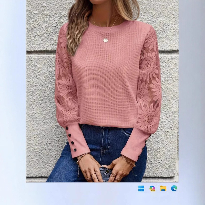 Europe and the United States cross-border Amazon new hollow round neck long sleeve lace stitching round neck T-shirt long sleeve top