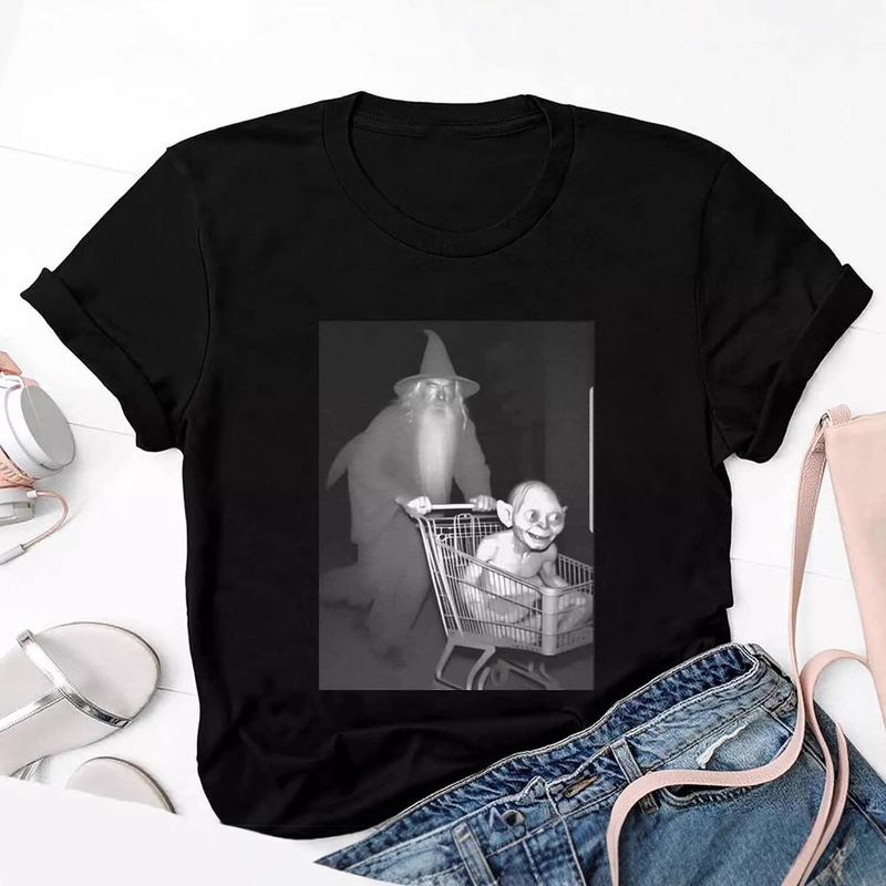 Gandalf Wearing Shopping Cart T-Shirt Push Gollum European and American Retro Pattern Printed Trendy Short Sleeve T-Shirt Cotton