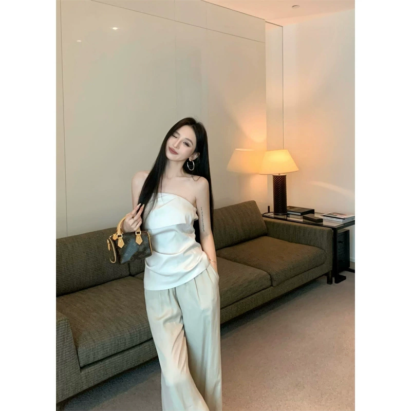 Женский костюм 2025 года: топ-труба с плиссировкой, облегающий, с эластичной талией, свободные широкие брюки, повседневный стиль.