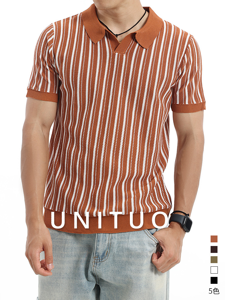 Vintage americano de punto hombre camisa de polo de hielo de manga corta con texturas verticales blindaje de cuello de verano casual hombre