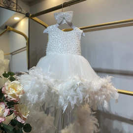 Girl dress女宝宝一周岁礼服蝴蝶结白色亮片儿童蓬蓬纱亚马逊新品
