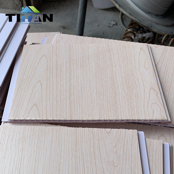 Tipo de exportación 7.5mm * 25cm revestimiento de película cóncava de PVC refuerzo de madera de nuez revestimiento de película de PVC techo