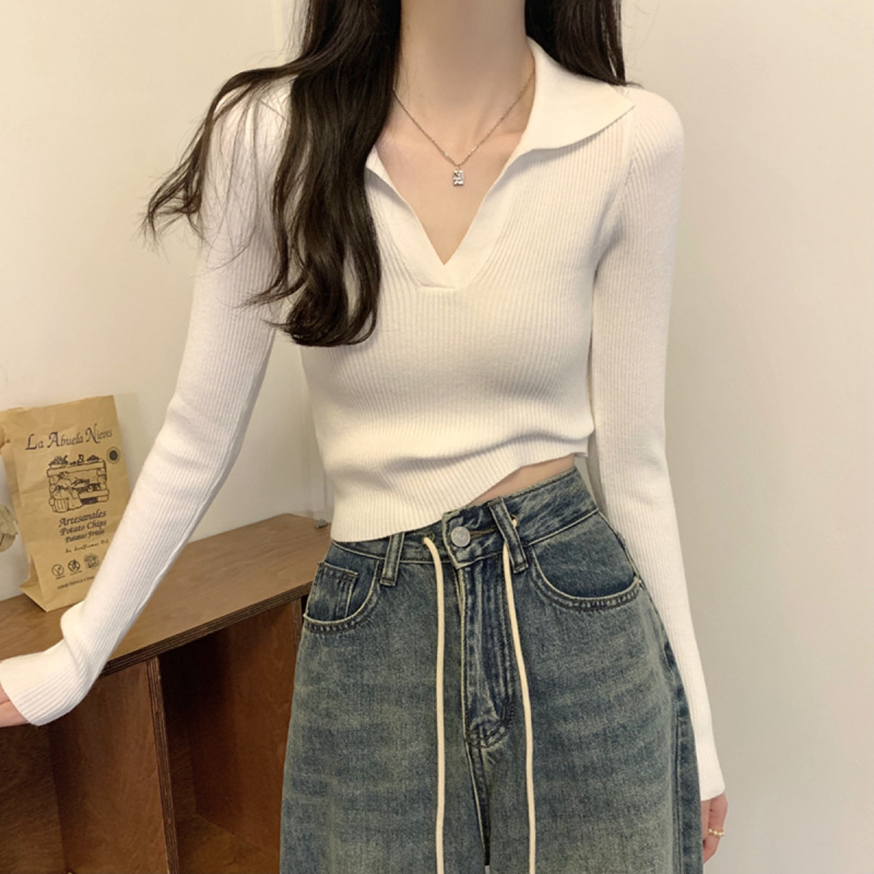One-piece delivery white polo lapel pit bottom short top women's spring and autumn slim-fit sweet and spicy knitted thread sweater