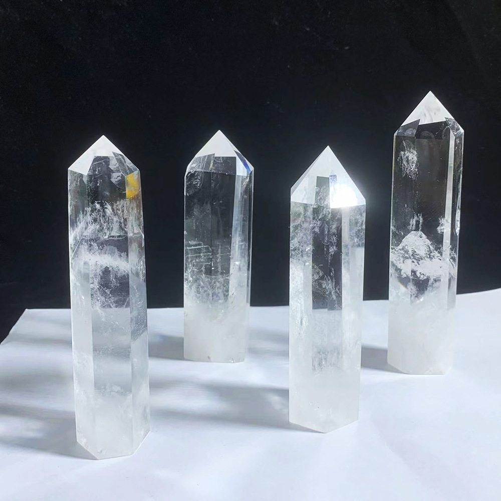 批發天然水晶柱擺件白水晶原石打磨柱水晶工藝品六棱單尖柱擺件
