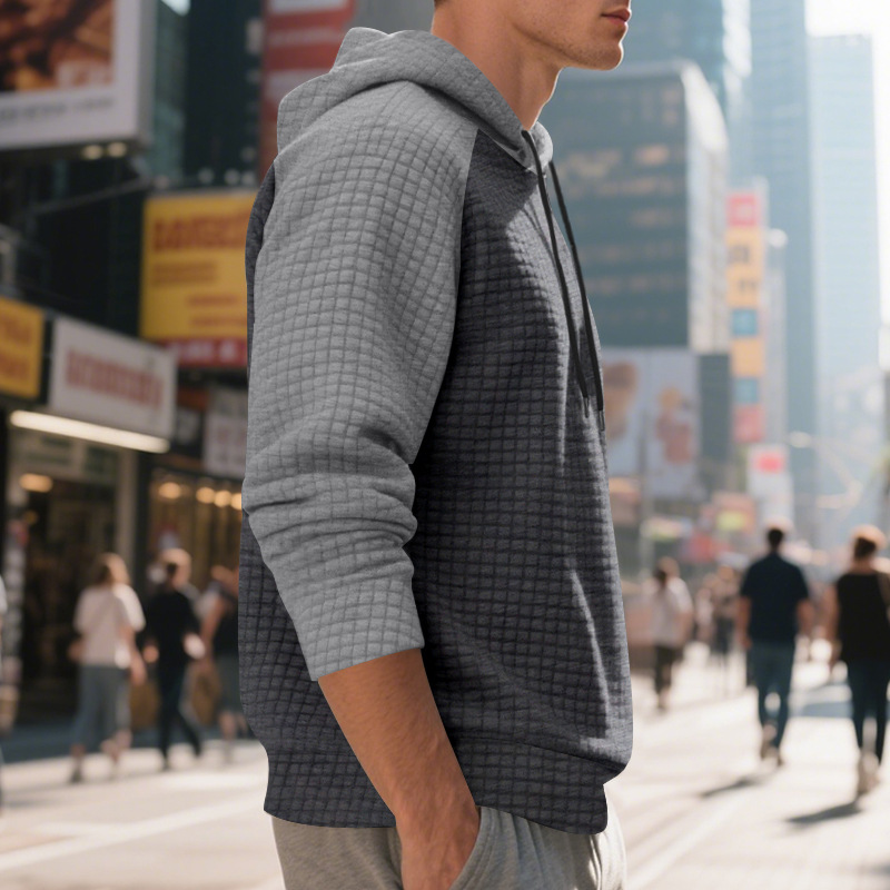 Schweres Kapuzensweatshirt mit Farbblockdesign für Herren, lockere Passform, Pullover mit Kordelzug für lässige Streetwear (Schwarz/Grau, Armeegrün/Beige)_voghion.com