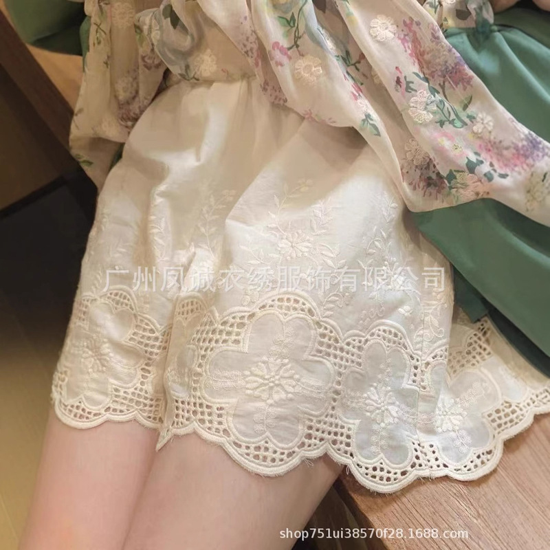 Japanese Mori Women's Solid Color Cotton Embroidered Bottoming Shorts Artistic Hollow Double Lined Casual Pants Loose Women's Pants