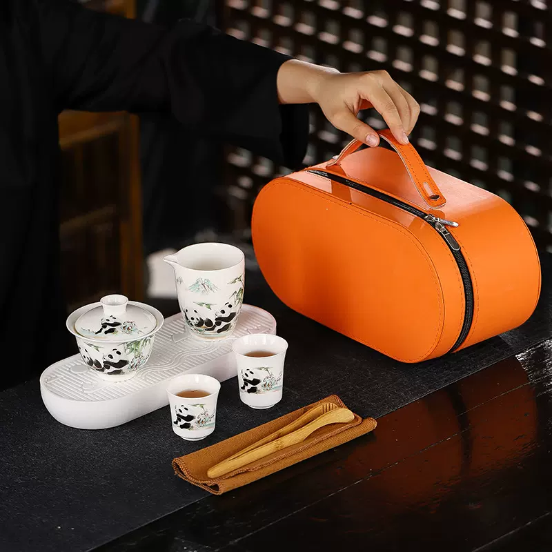 熊猫快客杯旅行茶具套装户外便携式羊脂玉三才盖碗家用陶瓷伴手礼
