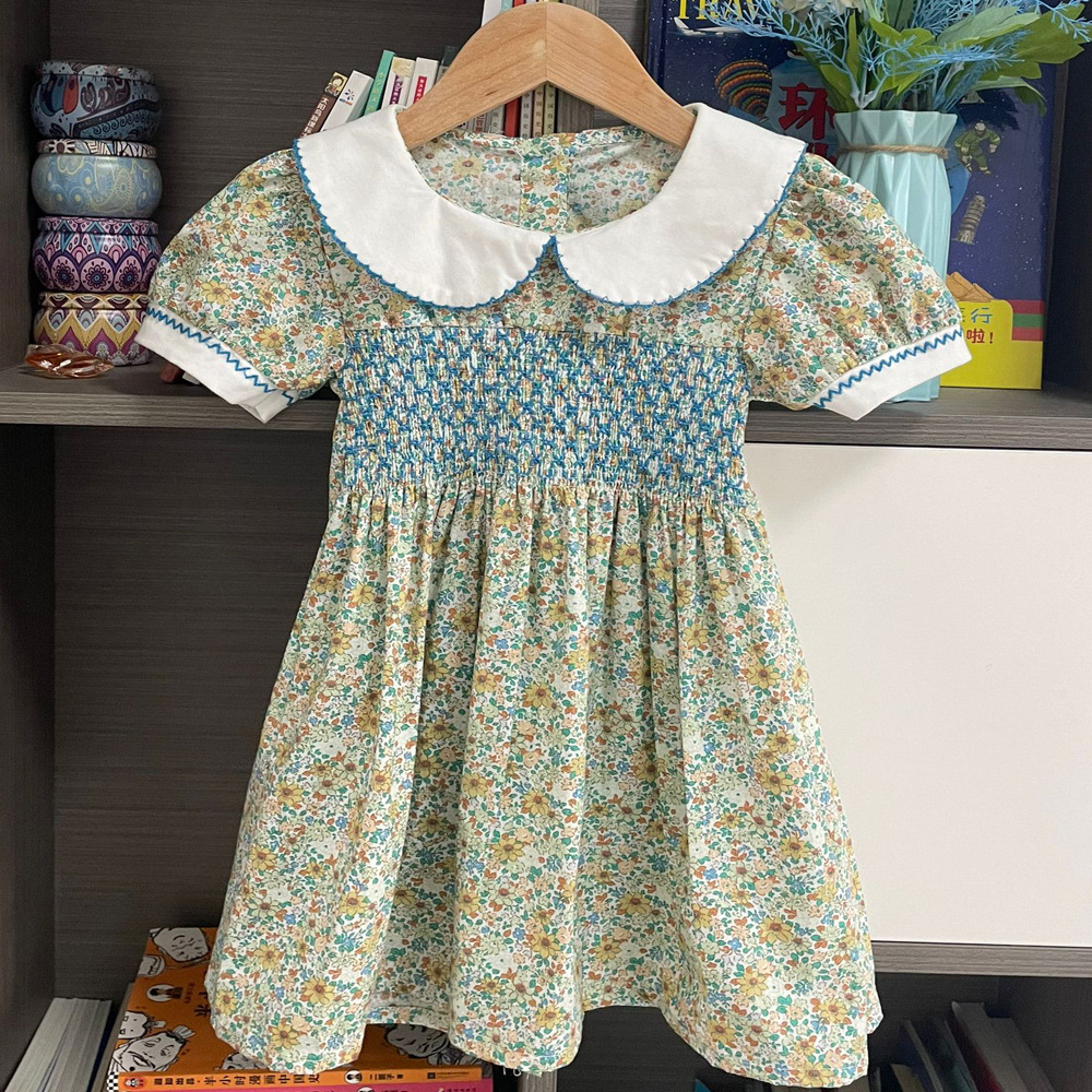 2026 Spanish Girls' Summer Short-Sleeve Floral Dress with Cable Knit Doll Collar Children's Clothing Wholesale Girl Skirt
