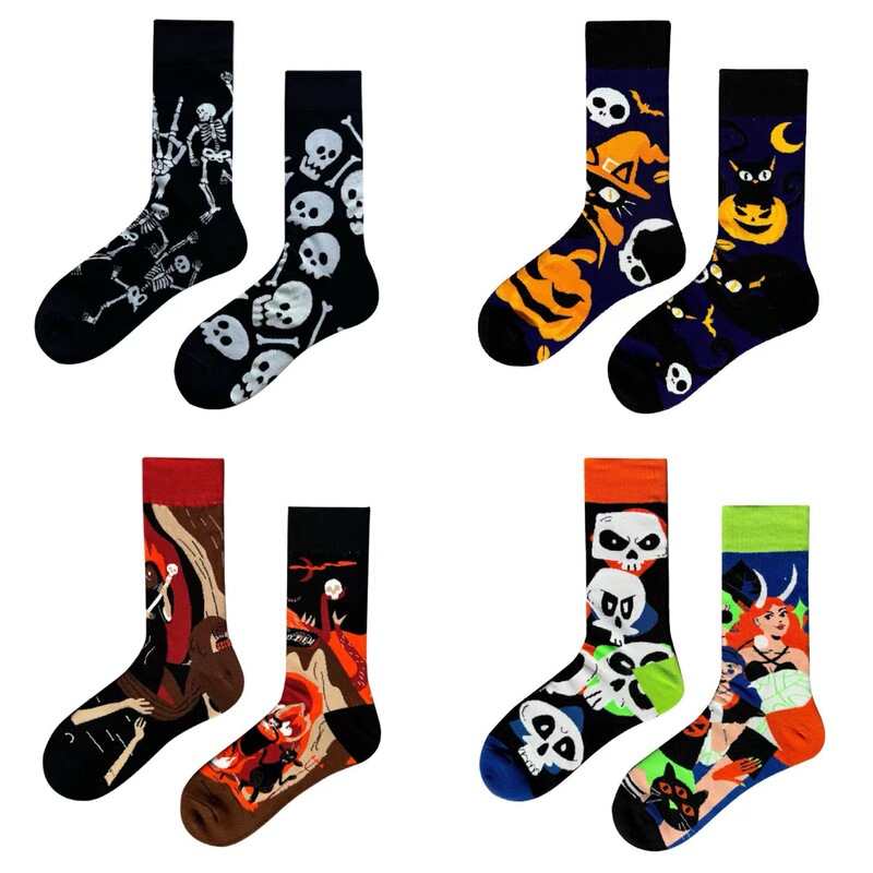 Cross-Border Original New Halloween Pumpkin Socks, Skull Ab Asymmetrical Mandarin Duck European and American Style Personalized Unisex Mid-Calf Cotton Socks