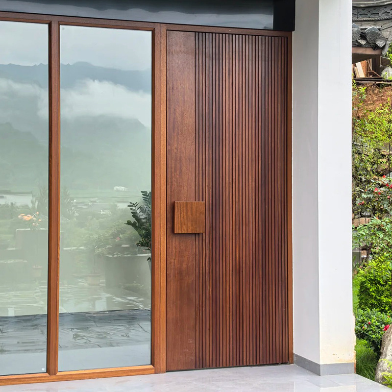 Black Walnut Entrance Door, Chinese-Style Solid Wood Entrance Door, Modern Villa Door, Courtyard Self-Built House, Home Factory Customization