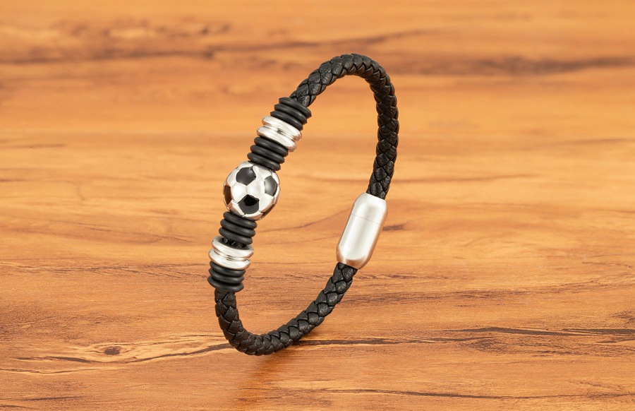 Football Pattern Vintage Style Football Pu Leather Titanium Steel Plating Men's Wristband Men Cord & Leather Bracelets