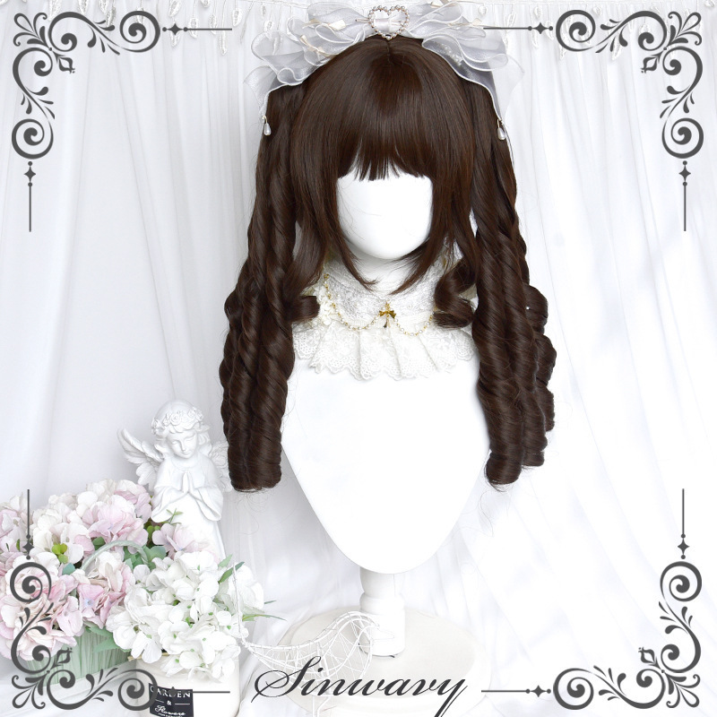 Wig for Women Lolita Long Curly Hair Dark Brown Elegant Retro Roman Curly Tiger Mouth Clip Ponytail Lolita Wig