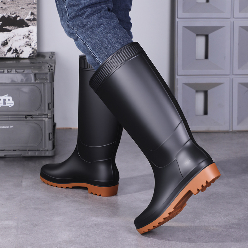 Nuevas botas de lluvia negras gruesas con forro polar de alta calidad, venta al por mayor, protección laboral para el sitio de construcción para hombres, zapatos de pesca de tubo largo con suela Oxford