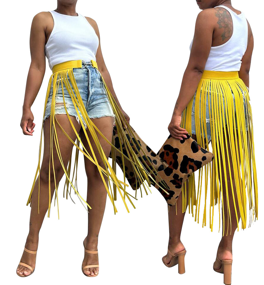 Punk Style Long Tassel Midi Skirt American Solid Color Below Knee Beach Style Thin Summer Skirt_ecoleips.com