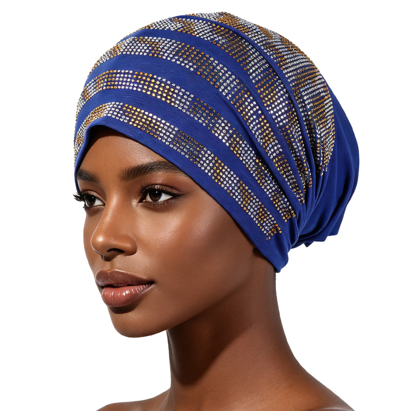New fashionable spring and summer breathable striped rhinestone headwrap, perfect for covering gray hair, casual African-style base cap New fashionable spring and summer breathable striped rhinestone headwrap, perfect for covering gray hair, casual African-style base cap