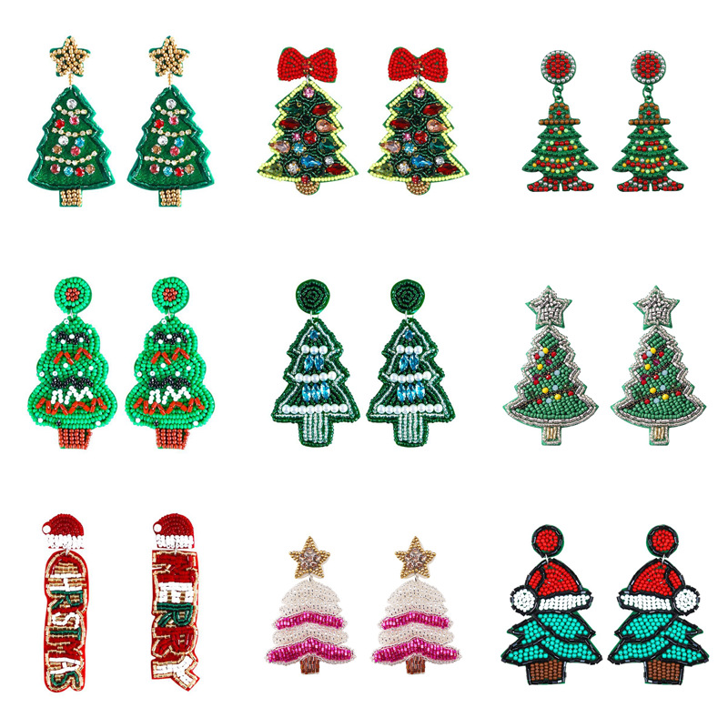 European and American Creative Christmas Gifts Handmade Fabric Rice Bead Earrings Christmas Tree Colored Diamond Bells Geometric Earrings