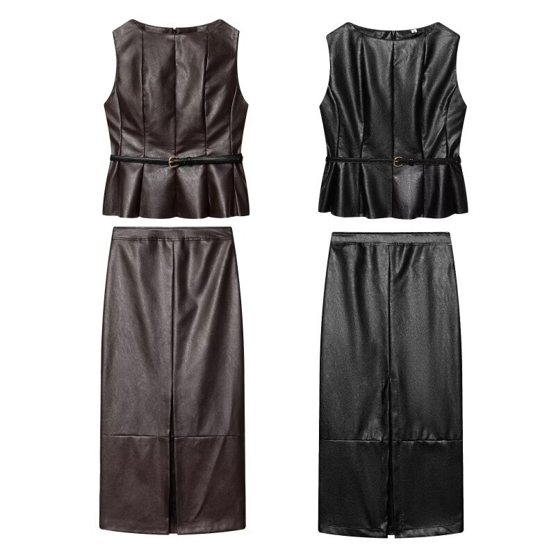 ZA Cross-Border Foreign Trade 2026 New European and American Women's Fashion Set: Belted Leather Top + Slim-Fit Skirt ZA Cross-Border Foreign Trade 2026 New European and American Women's Fashion Set: Belted Leather Top + Slim-Fit Skirt