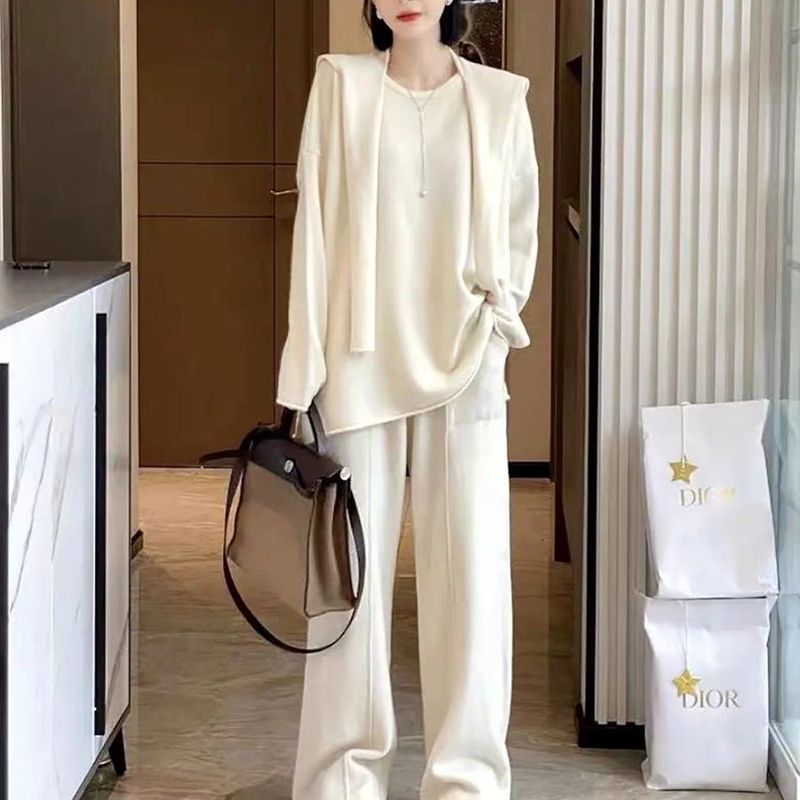 秋冬新款宽松显瘦套头针织套装女2025年直筒阔腿长裤纯色三件套潮|undefined