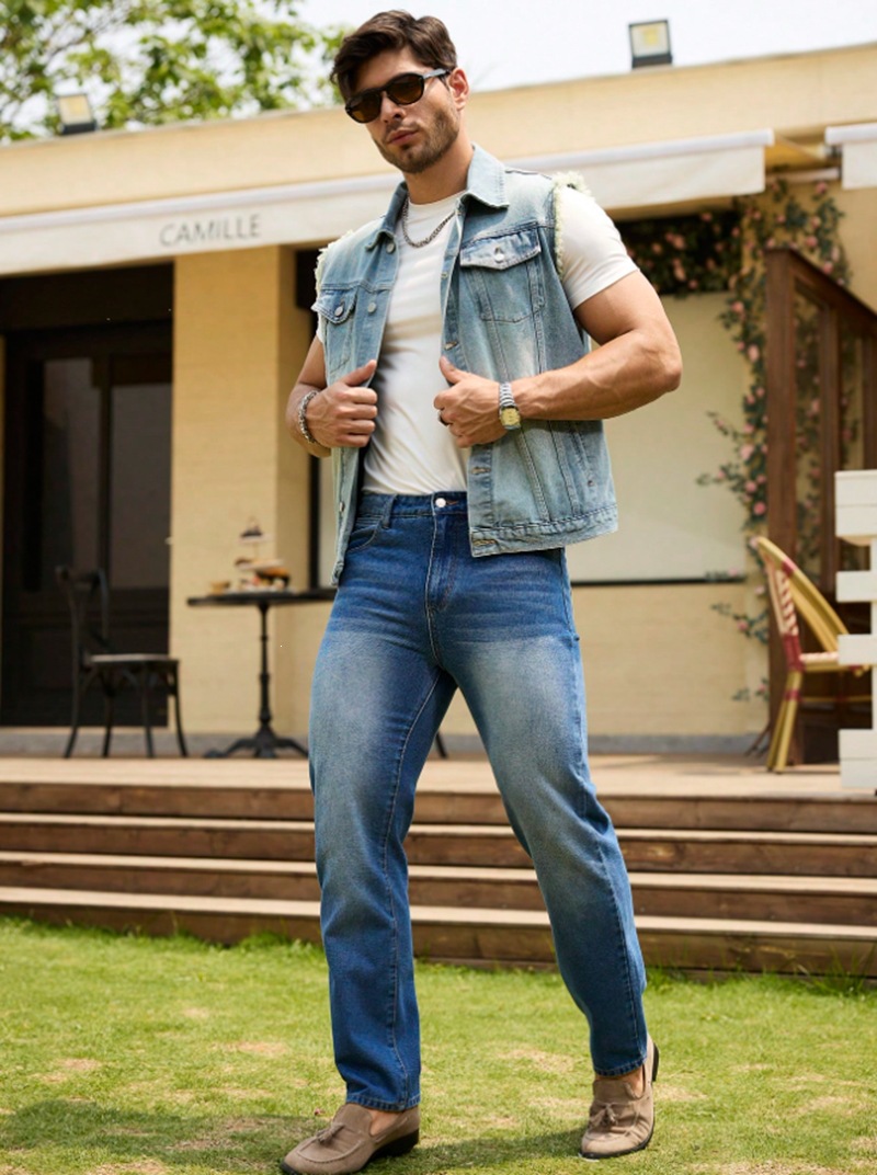 Men's Denim Jacket Style Fashion Street Short Sleeve Vest Frayed Edges_viptrois.com