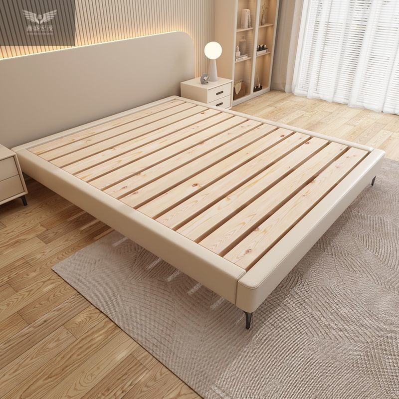 Sin cabecera de cama, cama doble minimalista moderna, tatami, cama de madera maciza, marco de cama de esqueleto de apartamento pequeño, cama doble de cuero