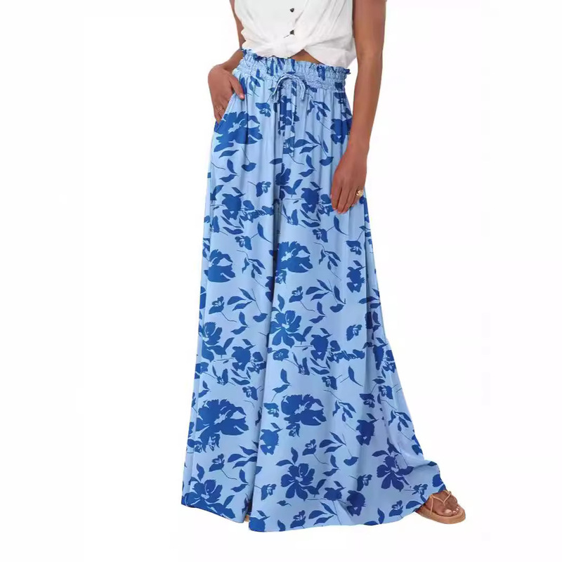 2024 new women's high waist wide leg pants casual casual wide leg pants floral solid color beach pants with pockets