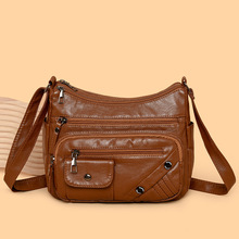 跨境复古水洗皮包女2024新款时尚大容量多隔层中老年妈妈包斜挎包