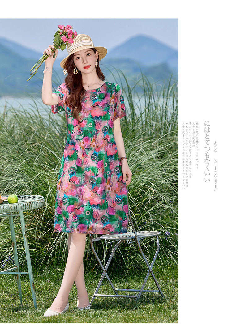 Đầm maxi nữ hoa nhỏ xanh lá cây tươi mát, dáng suông rộng, tay ngắn, mỏng nhẹ mùa hè 2025 — Màu hồng xanh lục, Màu xanh lá chi tiết 22
