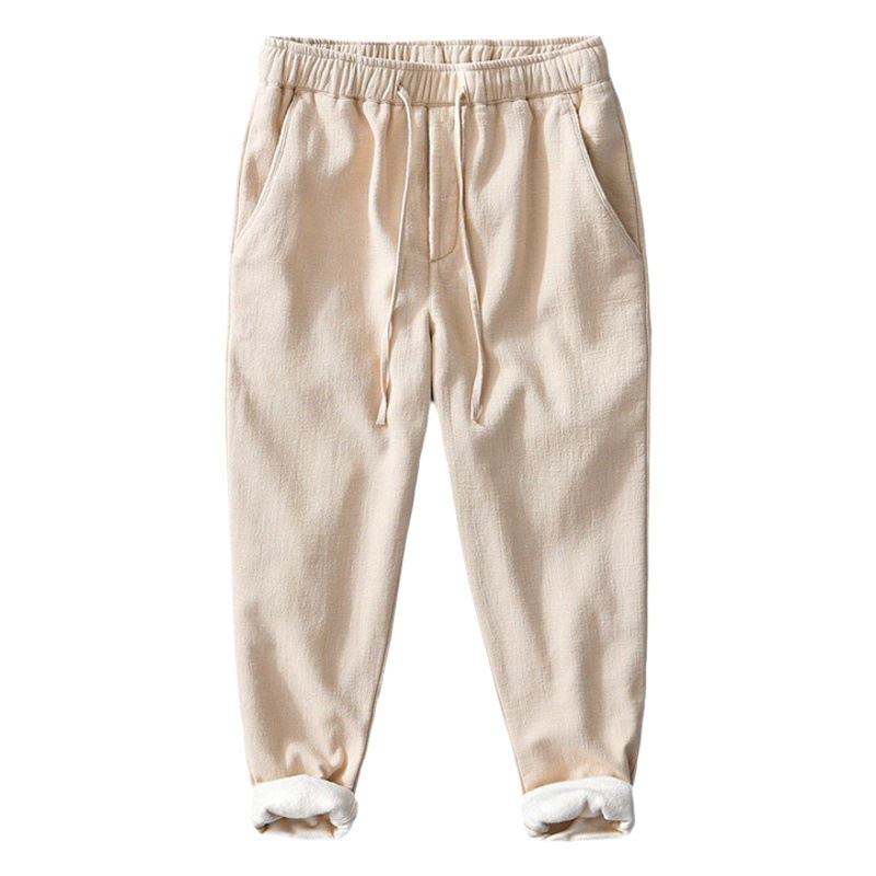 L8234 warm Ramie straight casual cotton pants men's retro loose plus velvet drawstring pants a generation of hair